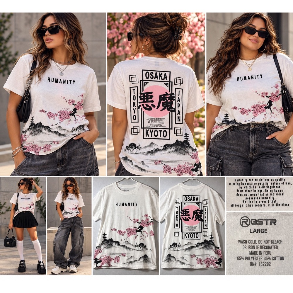 RGSTR Humanity Japan Graphic Tee White Cherry Blossom Osaka Tokyo Kyoto Large